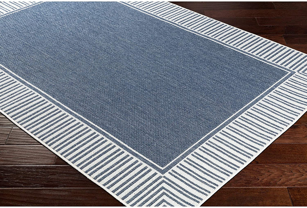 Border Indoor/Outdoor Area Rug 5'3" Round Blue White Transitional Olefin Latex Free Pet Friendly Stain Resistant - Diamond Home USA