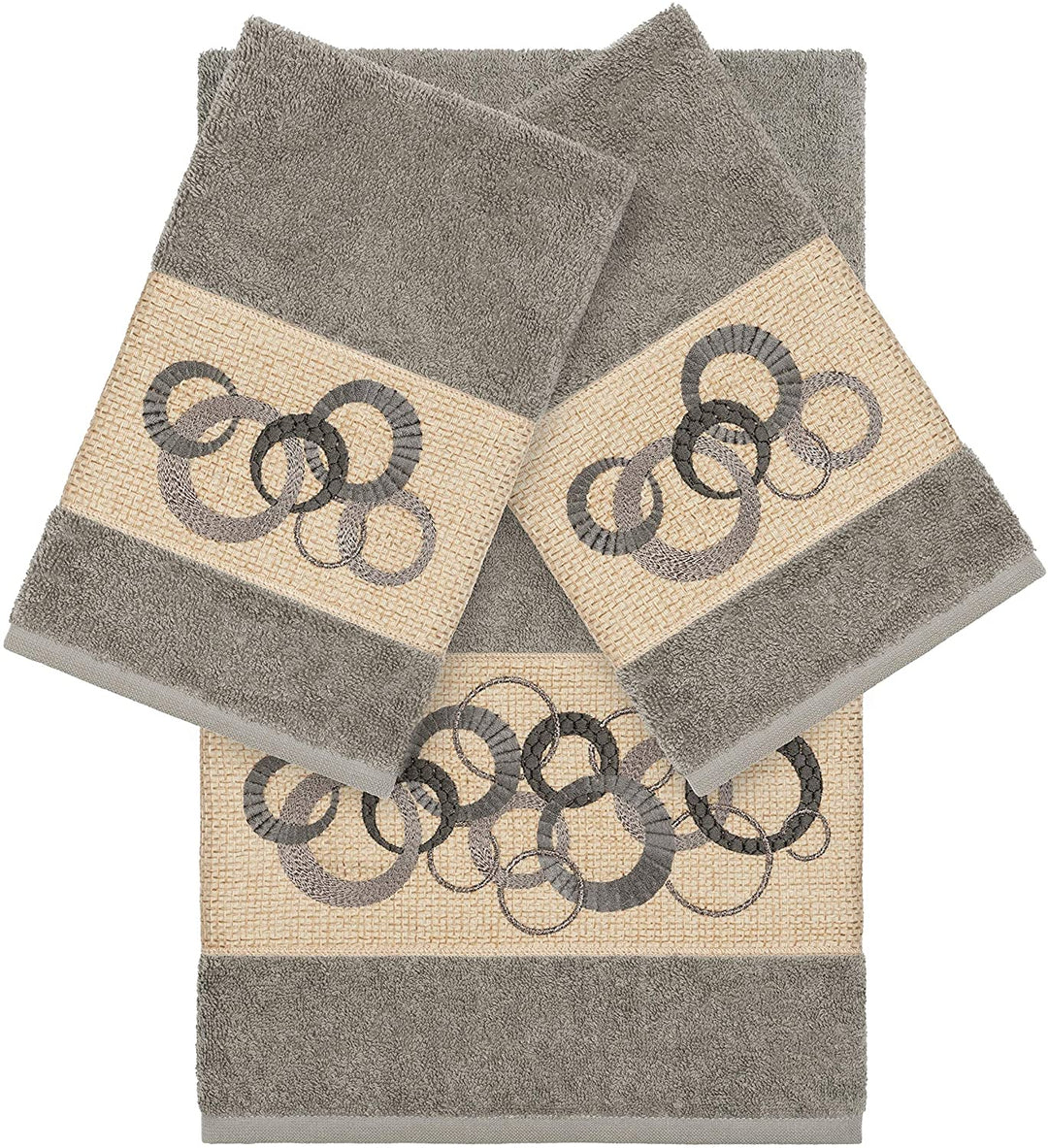 Turkish Cotton Circles Embroidered Dark Grey 3 Piece Towel
