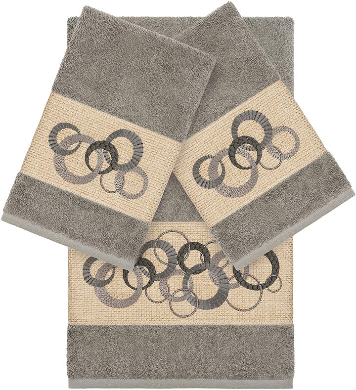 Turkish Cotton Circles Embroidered Dark Grey 3 Piece Towel