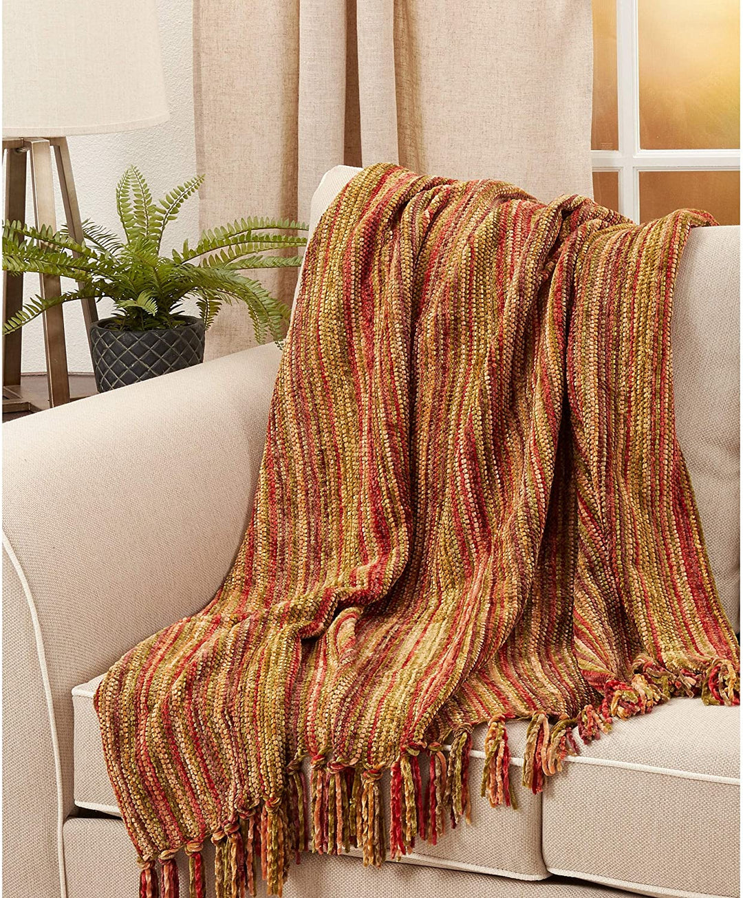 Chenille Throw Blanket Multicolor Design Brown Striped Casual Microfiber - Diamond Home USA