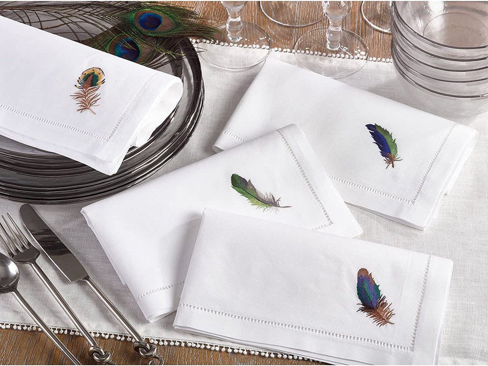 Embroidered Blue Feather Hemstitched Cotton Napkin (Set 6) White Solid Country Farmhouse Rustic Square - Diamond Home USA