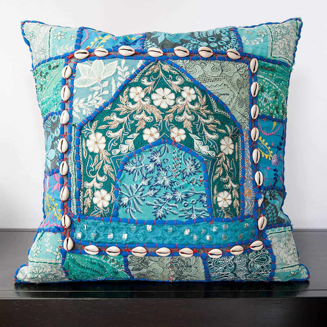 Blue Patchwork 22 inch Decorative Pillow Floral Geometric