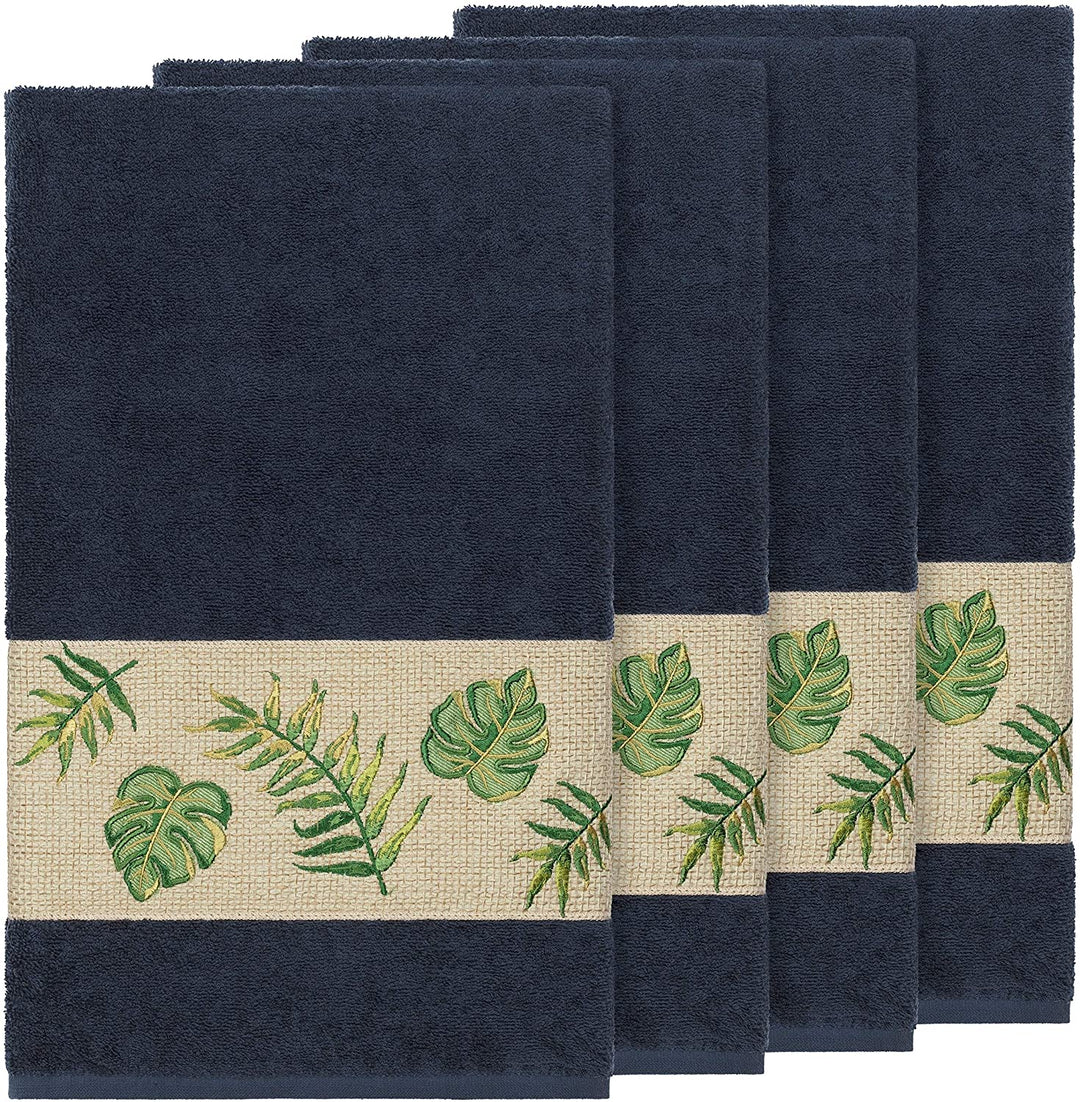 Turkish Cotton Palm Fronds Embroidered Midnight Blue 4 Piece