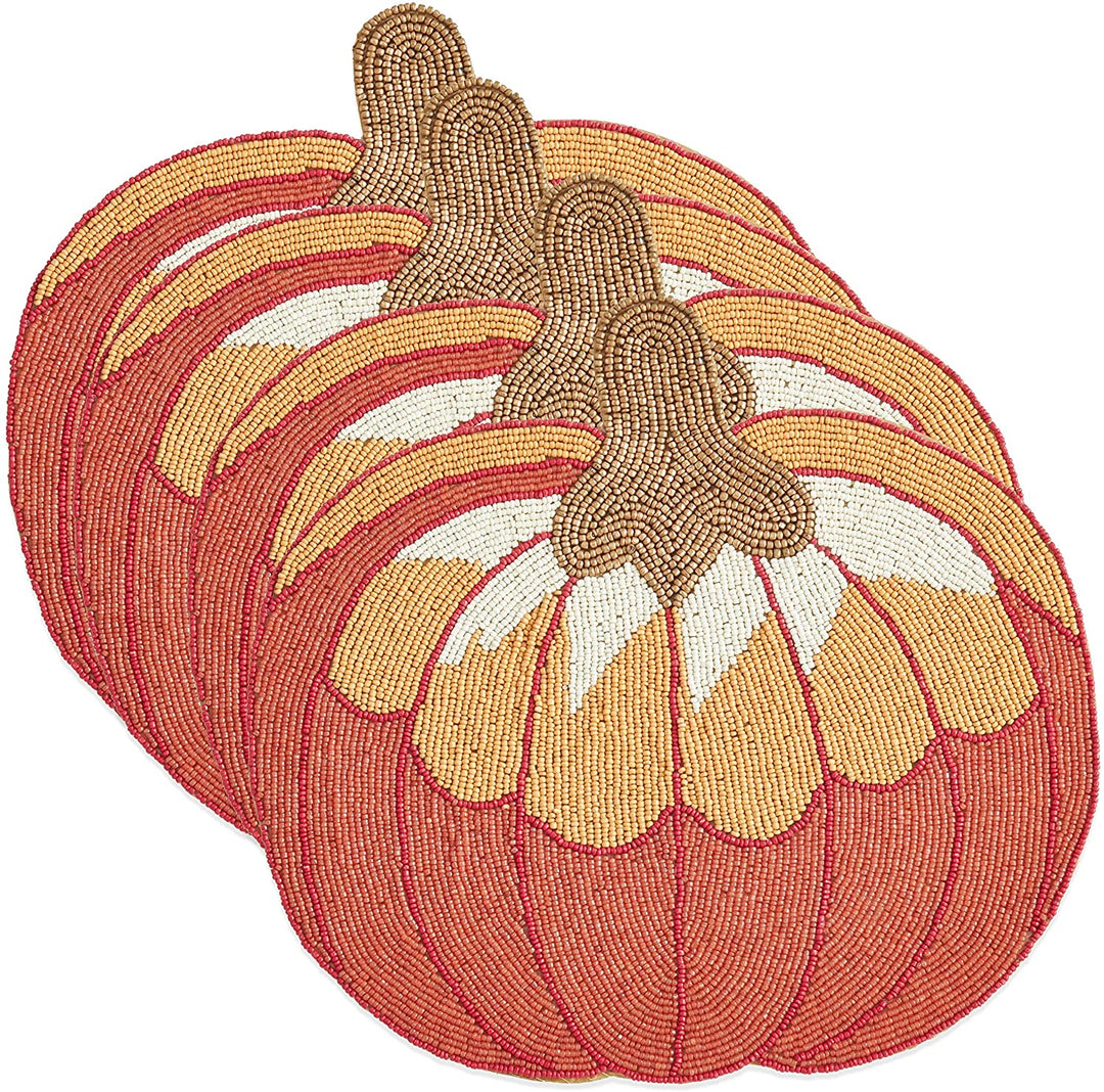 Glass Beads Placemats Pumpkin Design (Set 4) Orange Color Block Country Farmhouse Rustic Round - Diamond Home USA