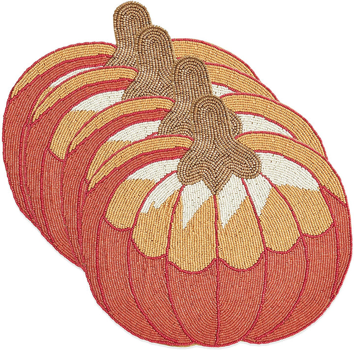 Glass Beads Placemats Pumpkin Design (Set 4) Orange Color Block Country Farmhouse Rustic Round - Diamond Home USA