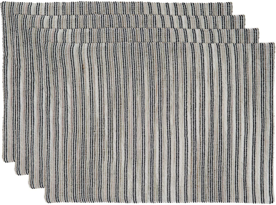 Table Placemats Corded Line Design (Set 4) Black White Oblong Cotton Blend - Diamond Home USA