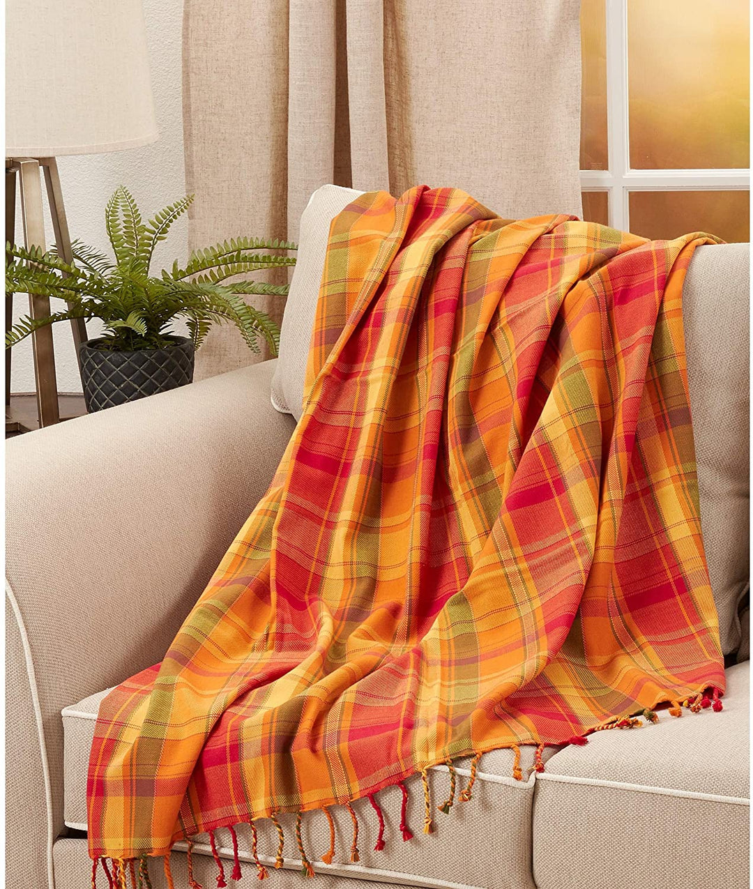 Throw Blanket Harvest Plaid Design Brown Traditional Cotton - Diamond Home USA
