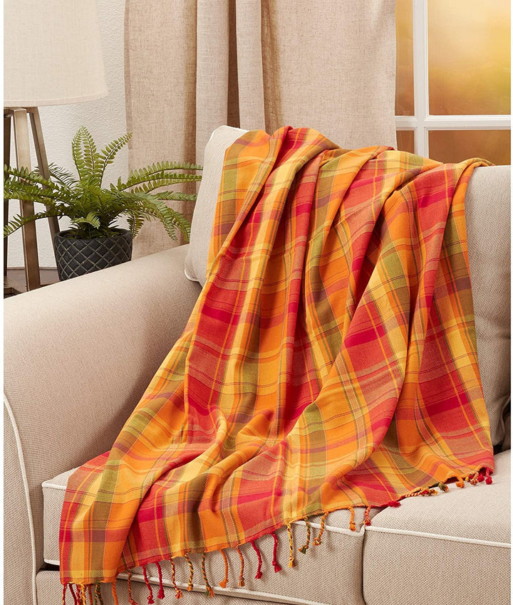 Throw Blanket Harvest Plaid Design Brown Traditional Cotton - Diamond Home USA