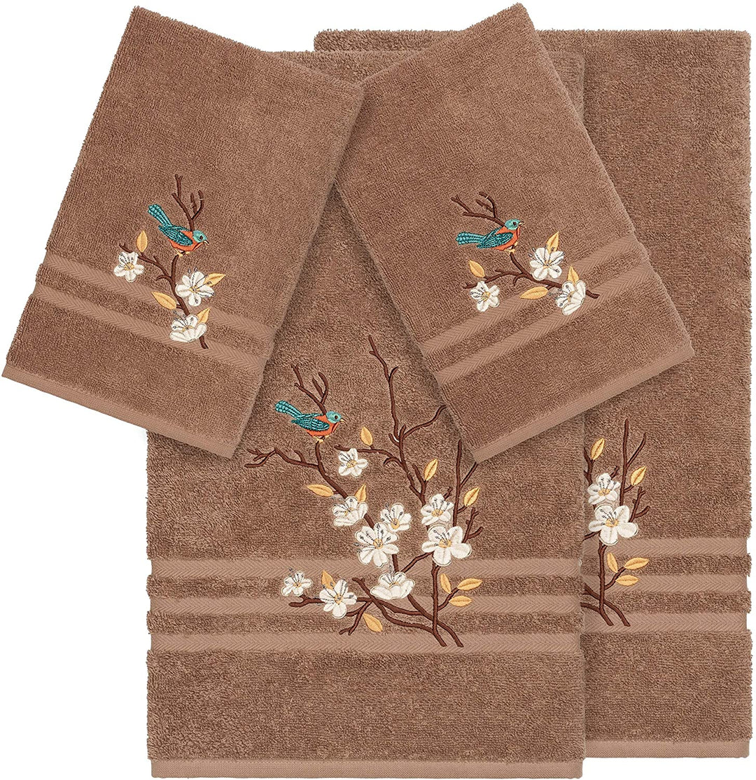 Turkish Cotton Blue Bird Embroidered Latte Brown 4 Piece