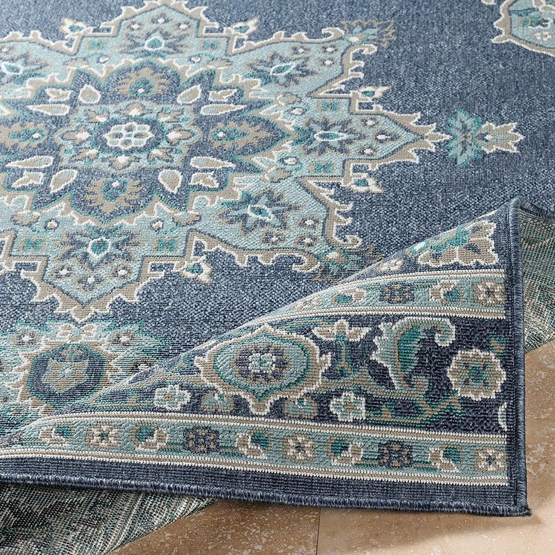 MISC Medallion Indoor/Outdoor Area Rug 7'6" X 10'9" Blue Transitional Rectangle Olefin Synthetic Latex Free Pet Friendly Stain Resistant