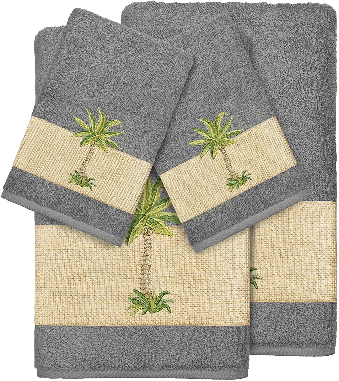 urkish Cotton Palm ree Embroidered Charcoal Grey 4 Piece
