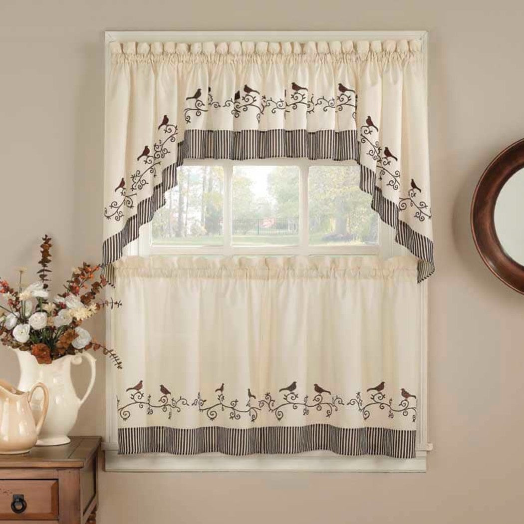 Curtain Tier Swag Set Fishtail Birds Pattern Animal Chirp