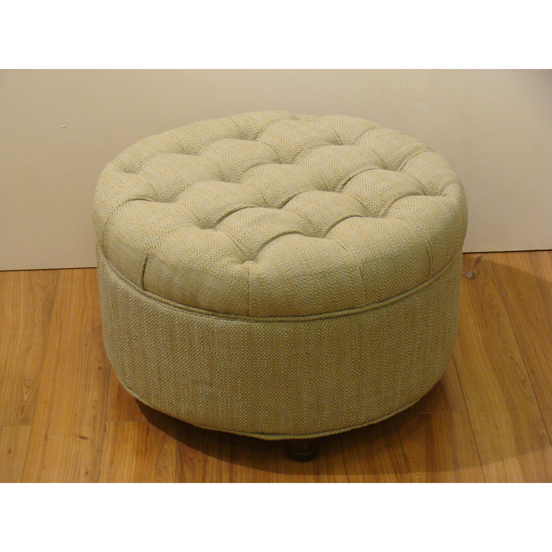 Moses Tan And Cream Tweed Tufted Storage Ottoman Solid Casual Round Fabric Foam Wood