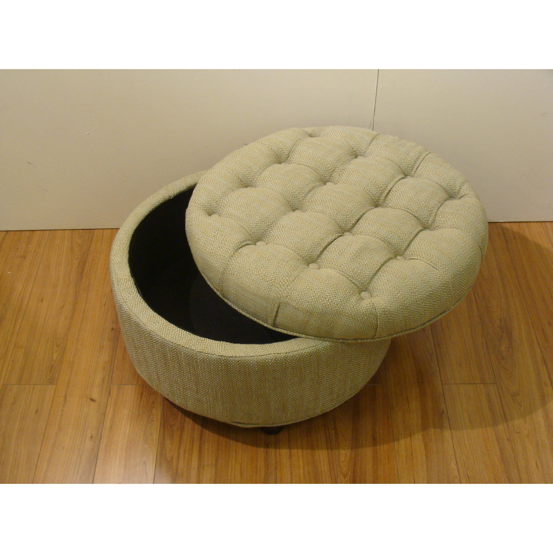 Moses Tan And Cream Tweed Tufted Storage Ottoman Solid Casual Round Fabric Foam Wood