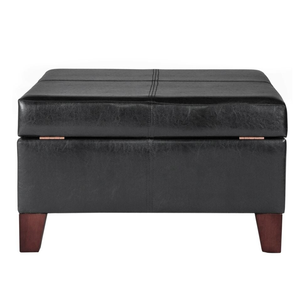 Silene Luxury Large Black Faux Leather Storage Ottoman Table Solid Traditional Square Wood Walnut Finish