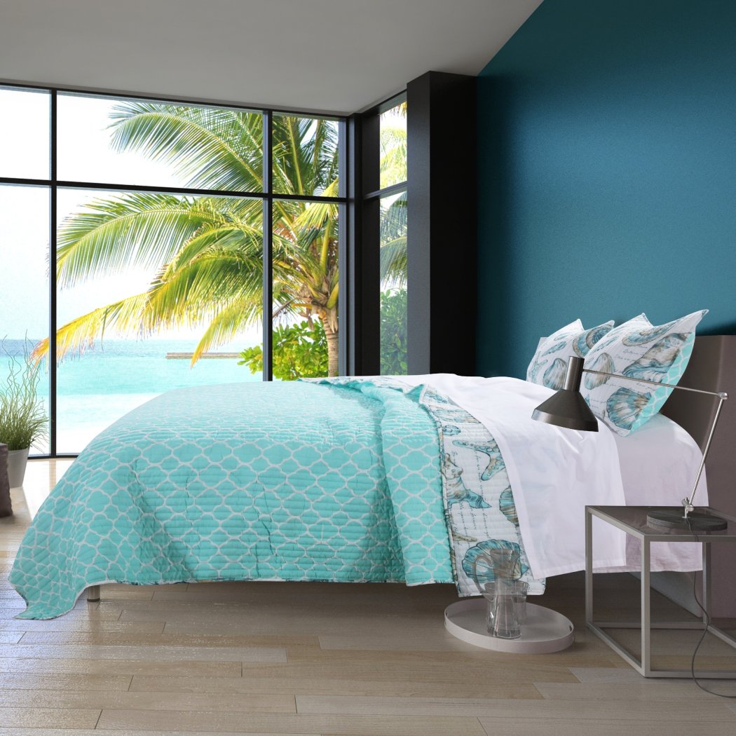 Beach Theme Quilt Set Bright Ocean Coastal Bedding Dreamy Poetic Phrases Seaside Fishnet Pattern Nature Nautical Star