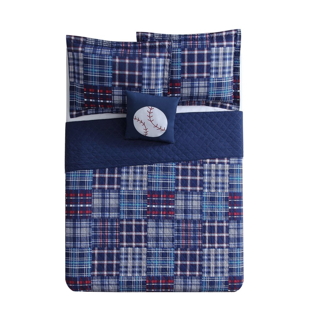Boys Madras Plaid Quilt Set Stylish Glen Checkered Patchwork Microfiber Bedding Kids Baseball Sports Themed Check Tartan Pattern Red