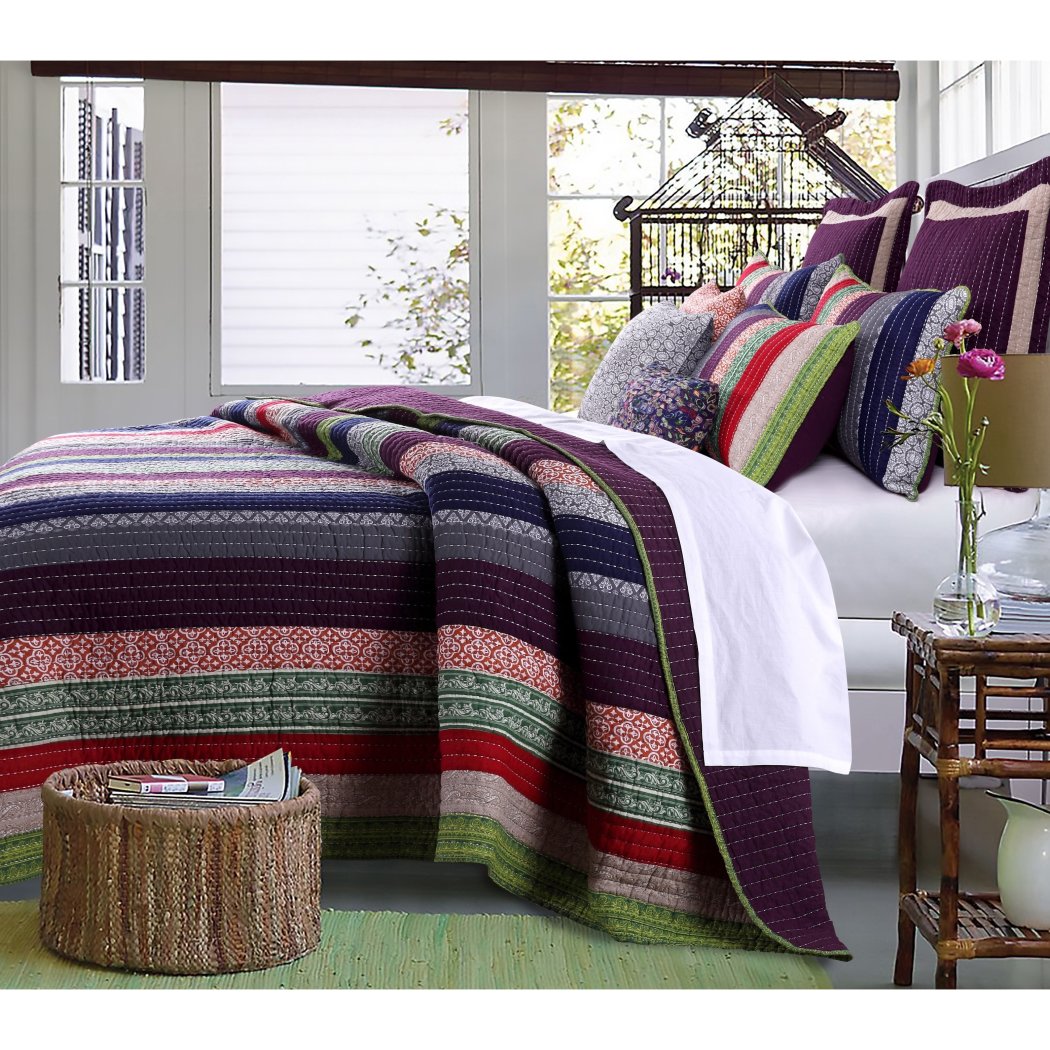 French Country Woven Striped Theme Quilt Set Stripe