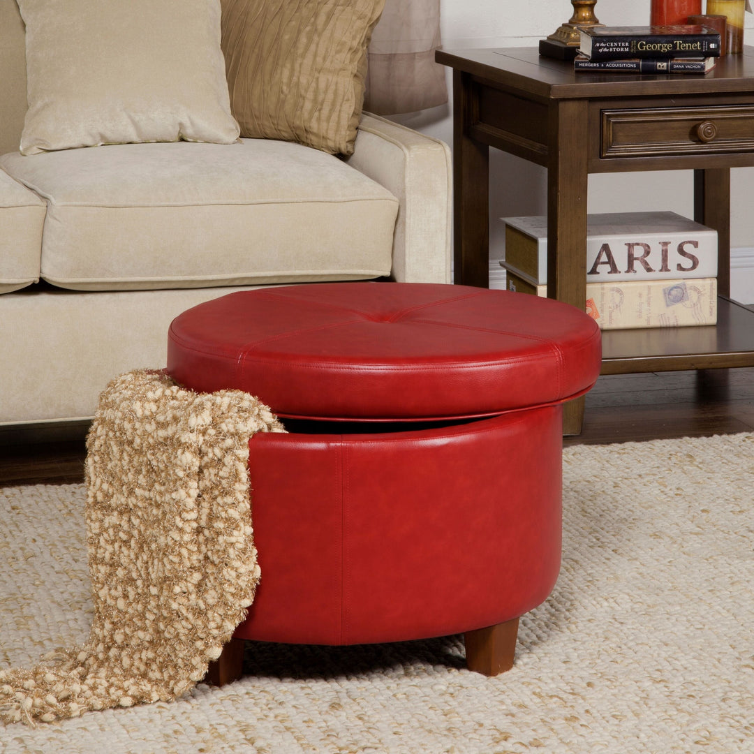 Porch Den Rockwell Cinnamon Red Faux Leather Round Storage Ottoman Solid Modern Contemporary