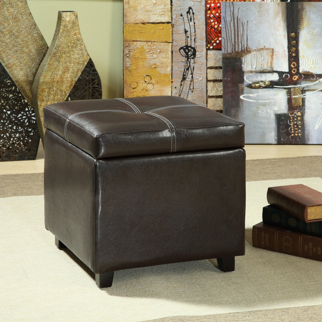 Treasure Espresso Vinyl Storage Cube/ Ottoman Brown Modern Contemporary Solid Square Wood