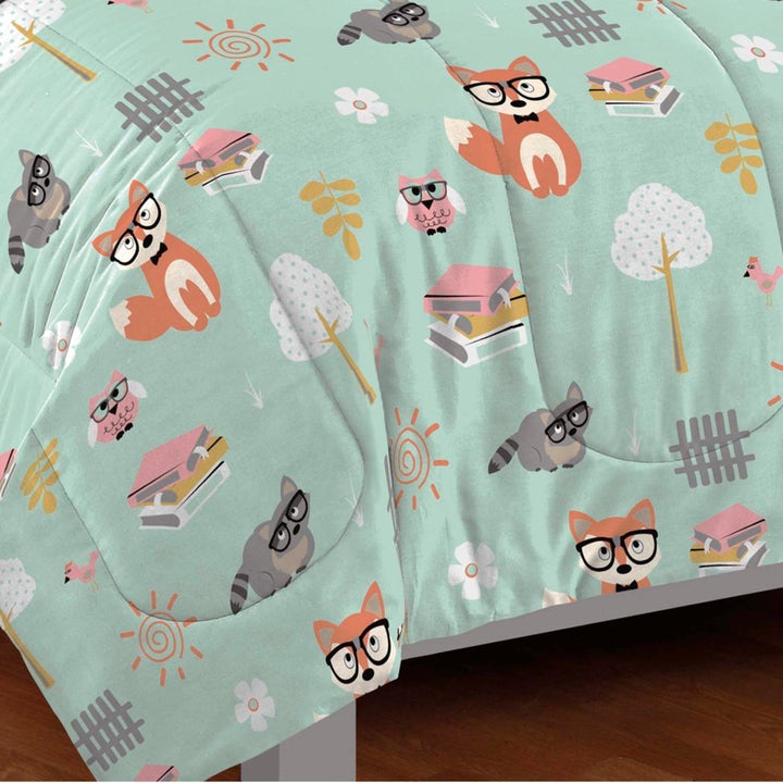 Kids Animal Friend Comforter Twin Set Cute Friendly Outdoor Animals Polka Dot Bedding Fun Forest Friends Fox Raccoon Owl Birds Tree Themed Pattern
