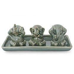 Elephant Lesson Hear Speak See No Evil Artisan Figurine Decor Accent Green
