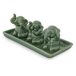 Elephant Lesson Hear Speak See No Evil Artisan Figurine Decor Accent Green - Diamond Home USA