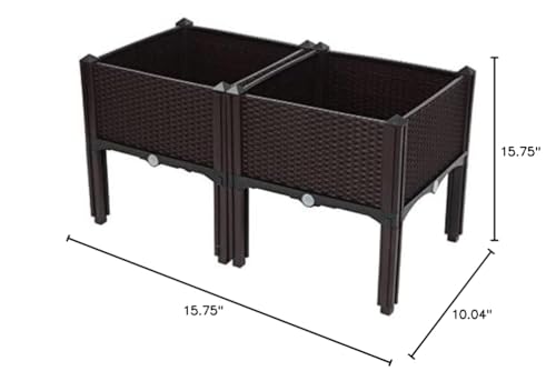 Set of 2 Brown Indoor Outdoor Plastic Raised Garden Planters Box Square Drainage - Diamond Home USA