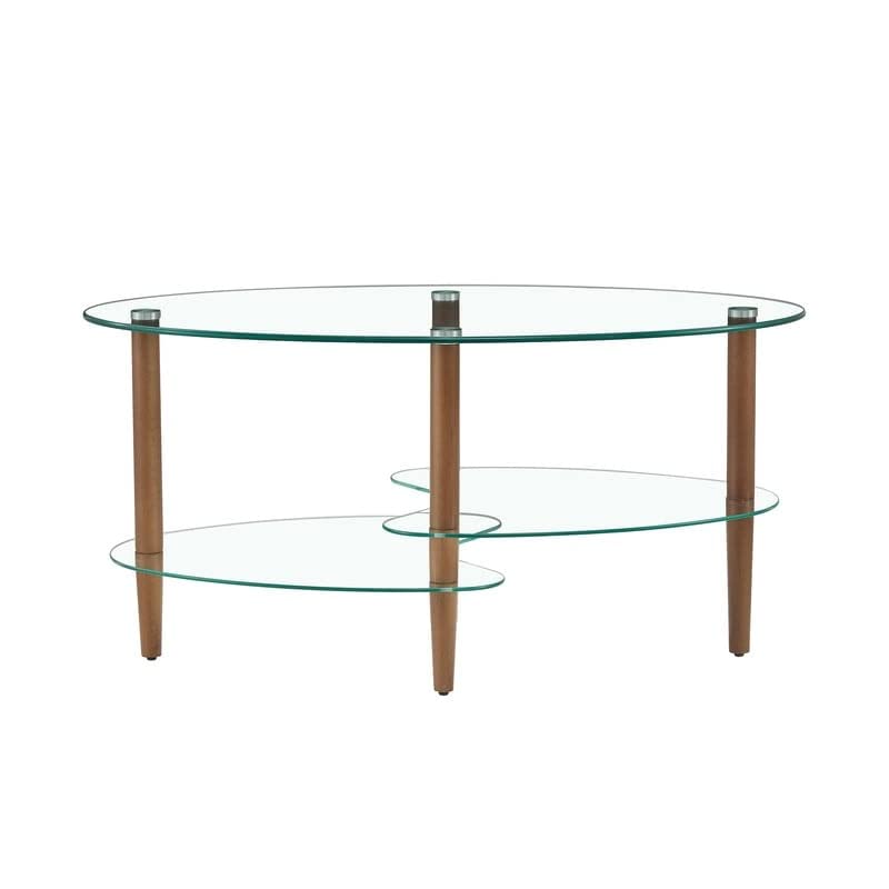 Oval Glass Coffee Table 3-Tier Transparent with Wood Leg Brown Modern - Diamond Home USA