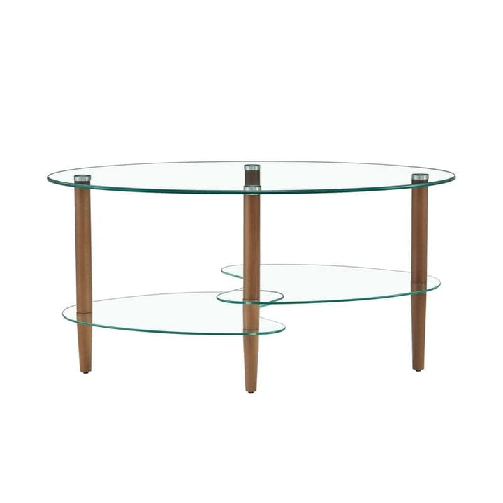 Oval Glass Coffee Table 3-Tier Transparent with Wood Leg Brown Modern - Diamond Home USA
