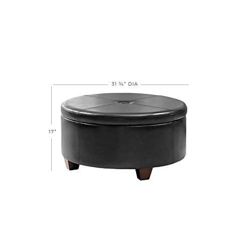 Large Round Button-top Storage Ottoman Black Solid Modern Contemporary Faux - Diamond Home USA