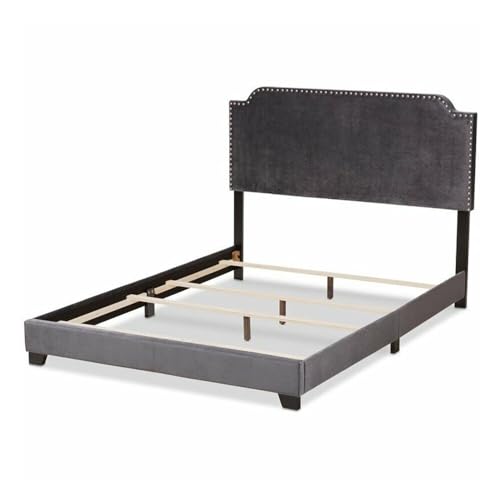 King Size Velvet Nailhead Upholstered Bed Grey Modern Contemporary Finish