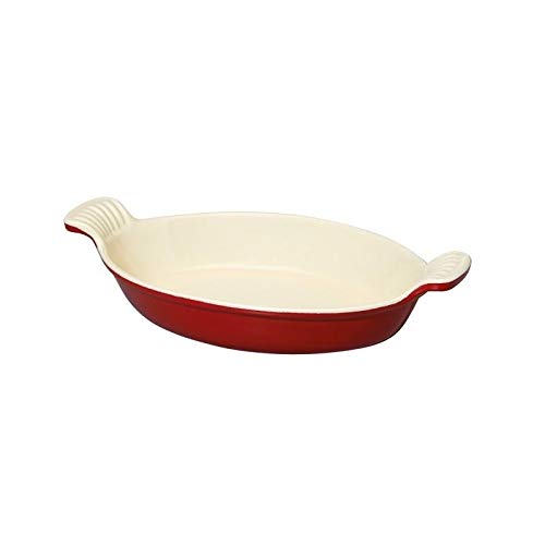 French Enameled Cast Iron 11-inch Oval Casserole Red Grey Oven Safe