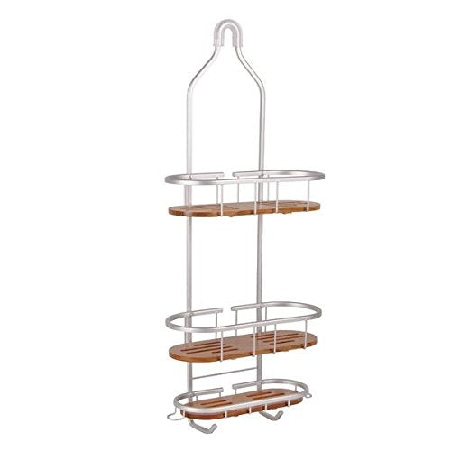 Tia Large Over the Showerhead Rustproof Shower Caddy Teak Shelves Satin Chrome with Teak Shelves