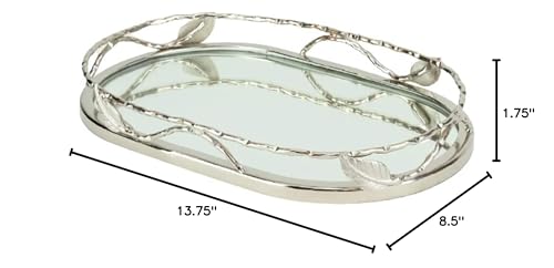 Oval Mirror Tray with Leaf Border 3.75 X 8.5 in Silver Solid Stainless Steel - Diamond Home USA