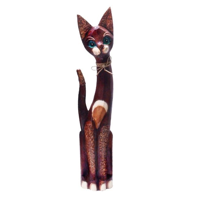 Hand-Carved Wooden 'Bow Tie Cat' Statue Handmade in Indonesia Brown Animals Wood