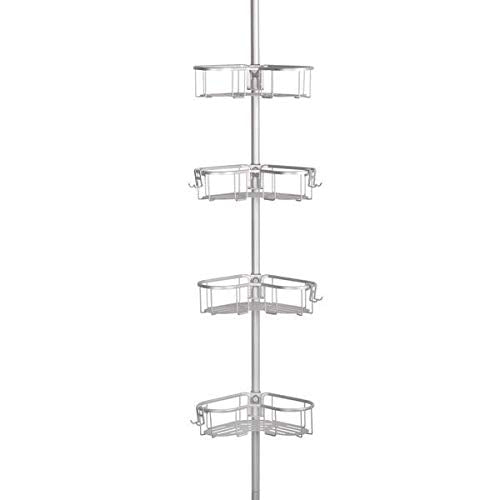 Flat Shelf Rustproof Shower Caddy Satin Chrome Corner Pole Metal