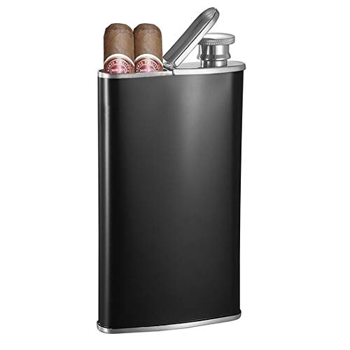 Black Matte 4 Oz Flask with Built-in Cigar Case Stainless Steel 1 Piece
