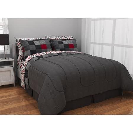 Ln Twin size Teen Boys Red Gray White Black Geo Blocks comforter with sheet