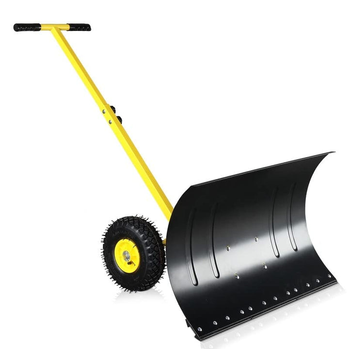 Heavy-Duty Rolling Snow Pusher with Wheels and Adjustable Handle Black Yellow