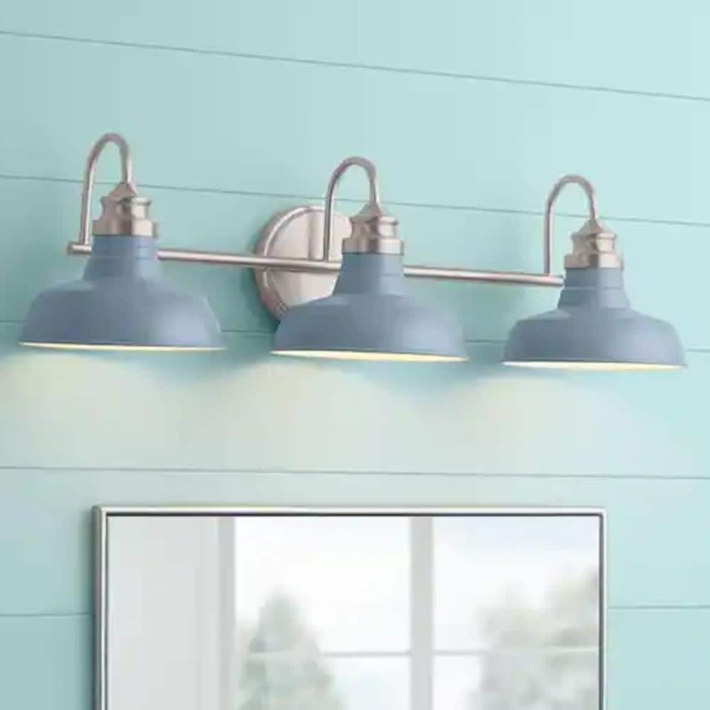 3-Light Brushed Nickel Farmhouse Vanity with Slate Blue Metal Shades 29" X 7"