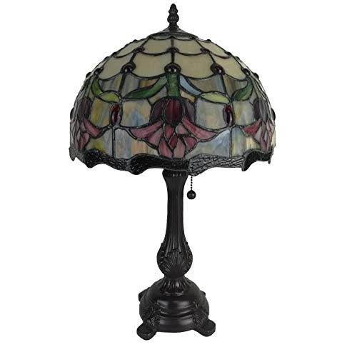 Tiffany Style Table Lamp Banker 19" Tall Stained Glass Red Yellow White Floral - Diamond Home USA