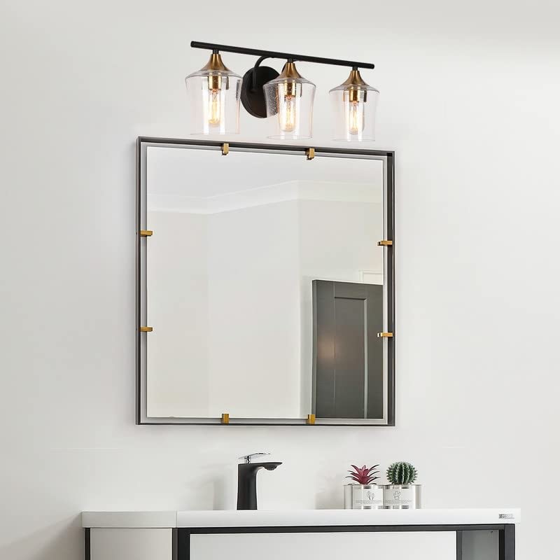 Modern Black Gold 3-Light Linear Bathroom Vanity Lights with Seeded Glass Shades - Diamond Home USA