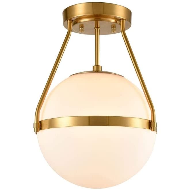 Mid Century Brass Globe Semi Flush Mount Ceiling Light Opal Glass Shade