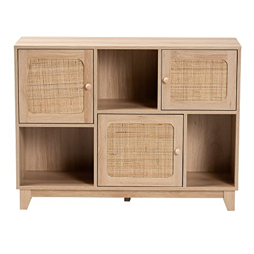 Mid-Century Modern Light Brown Finished Wood and Natural Rattan 3-Door Sideboard - Diamond Home USA