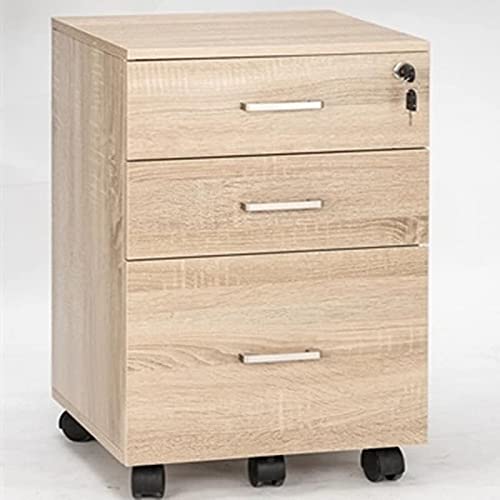 3-Drawer Rolling Wood File Cabinet with Lock Natural Modern Contemporary Mobile Oak