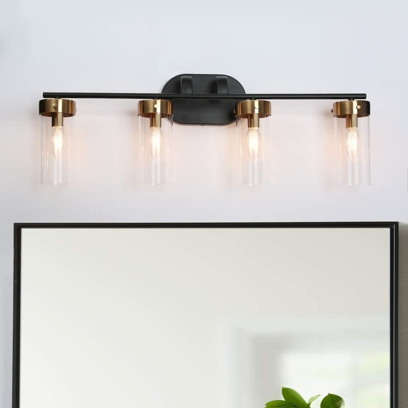 Modern Black Gold 4-light Linear Bathroom Vanity Light Glass Wall Lighting 29" L