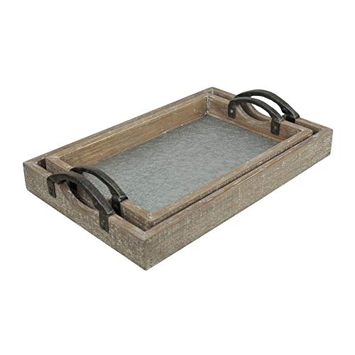 Set of 2 Wood Frame Tray with Galvanized Base and Cast Iron Handles Brown Grey - Diamond Home USA
