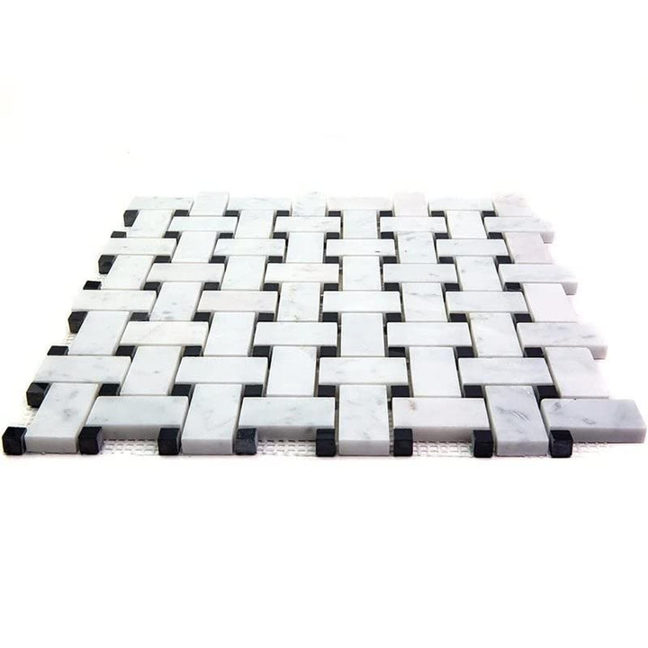 5 Pack 12-in X White and Black Basketweave Polished Marble Mosaic Floor Wall - Diamond Home USA