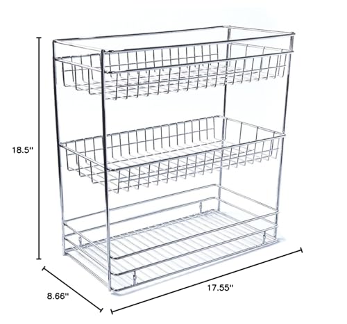 Kitchen Cabinet Pull Out Basket 3 Tier Sliding Organizer Grey Stainless Steel - Diamond Home USA